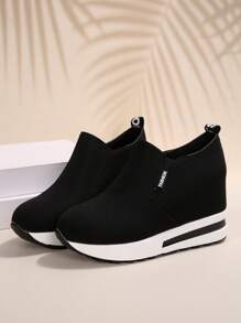 Women Wearing Black Sports Shoes, Outdoor Fashion Shoes With Thickened Soles, Small Sloping Heel Casual Women's Shoes, Loafers, Elastic Band Design Women's Sports Shoes, Outdoor Vacation Women's Sports Shoes