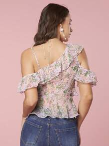 Enchnt Women's Summer Ditsy Floral Splice Off Shoulder Elegant Blouse With Ruffles