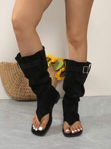 Fall/Winter Women's Dual-Use Peep Toe Suede Cowboy Boots With Pleated Design, Knee-High Boots For Bootcut Jeans And Sandals, Mid-Calf Boots