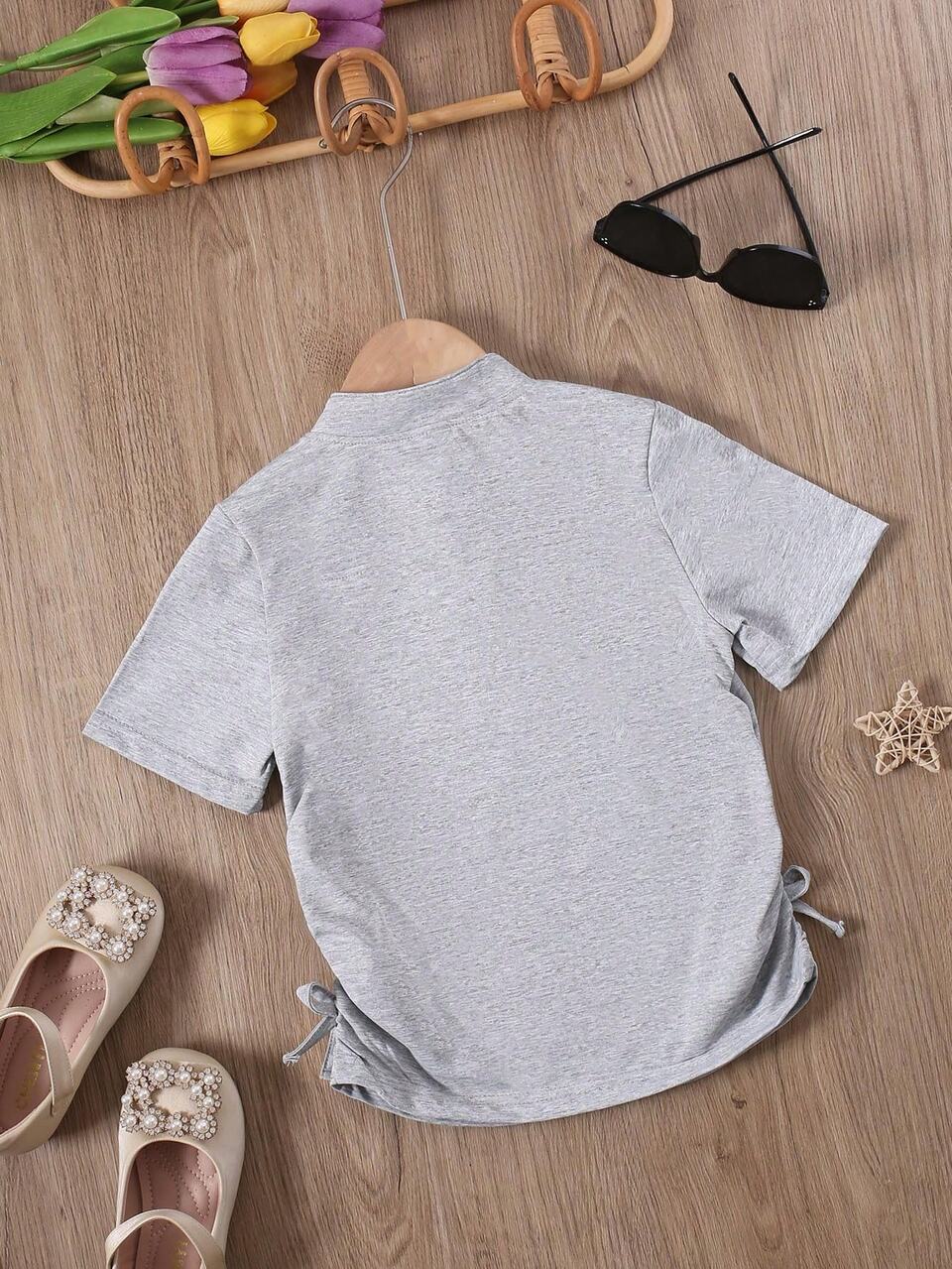 Young Girl Simple Embroidery Stand Collar Short Sleeve T-Shirt, Summer