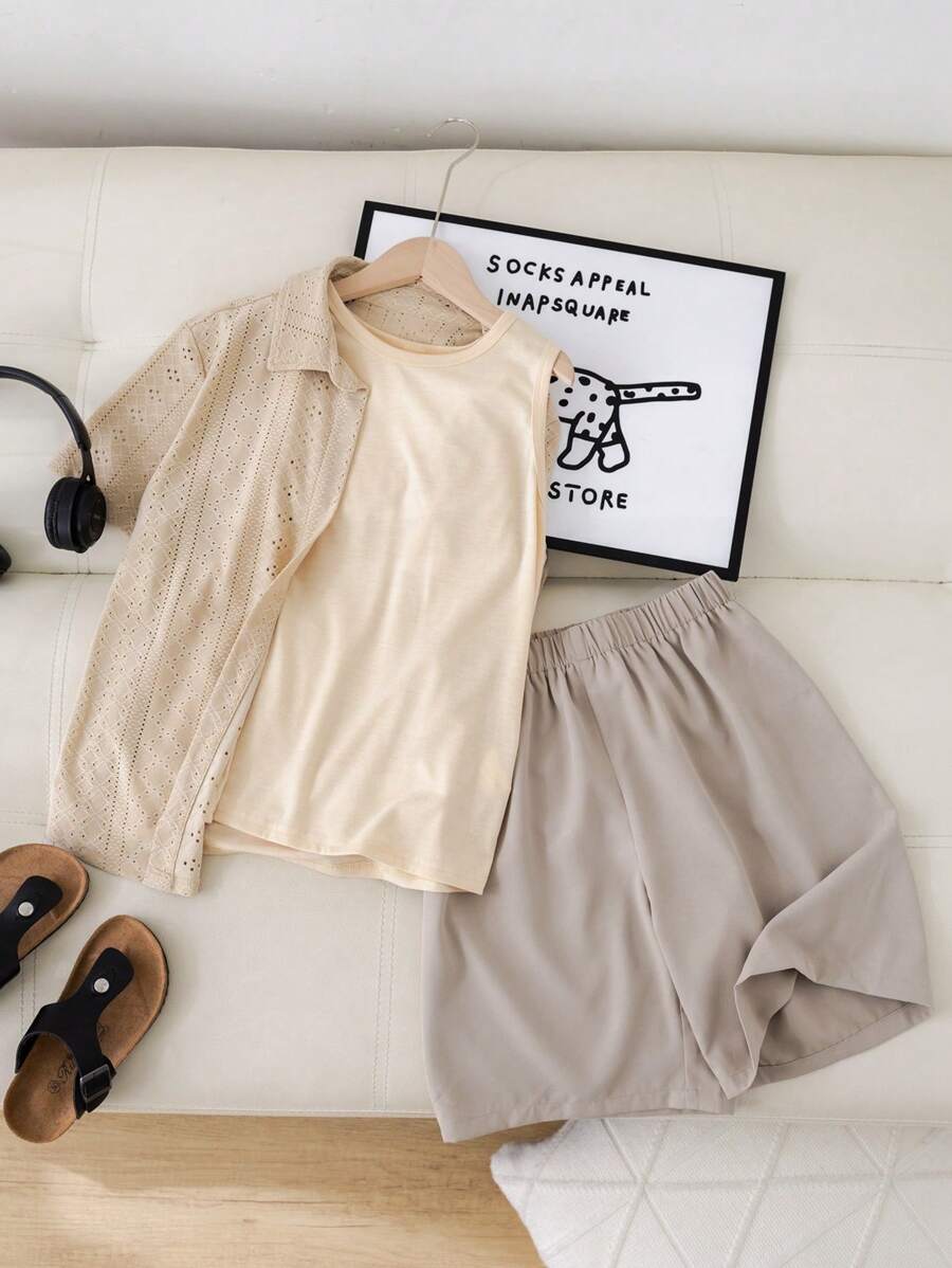 青少年男童海灘度假款襯衫三件套裝 - 杏色 - 查看 1