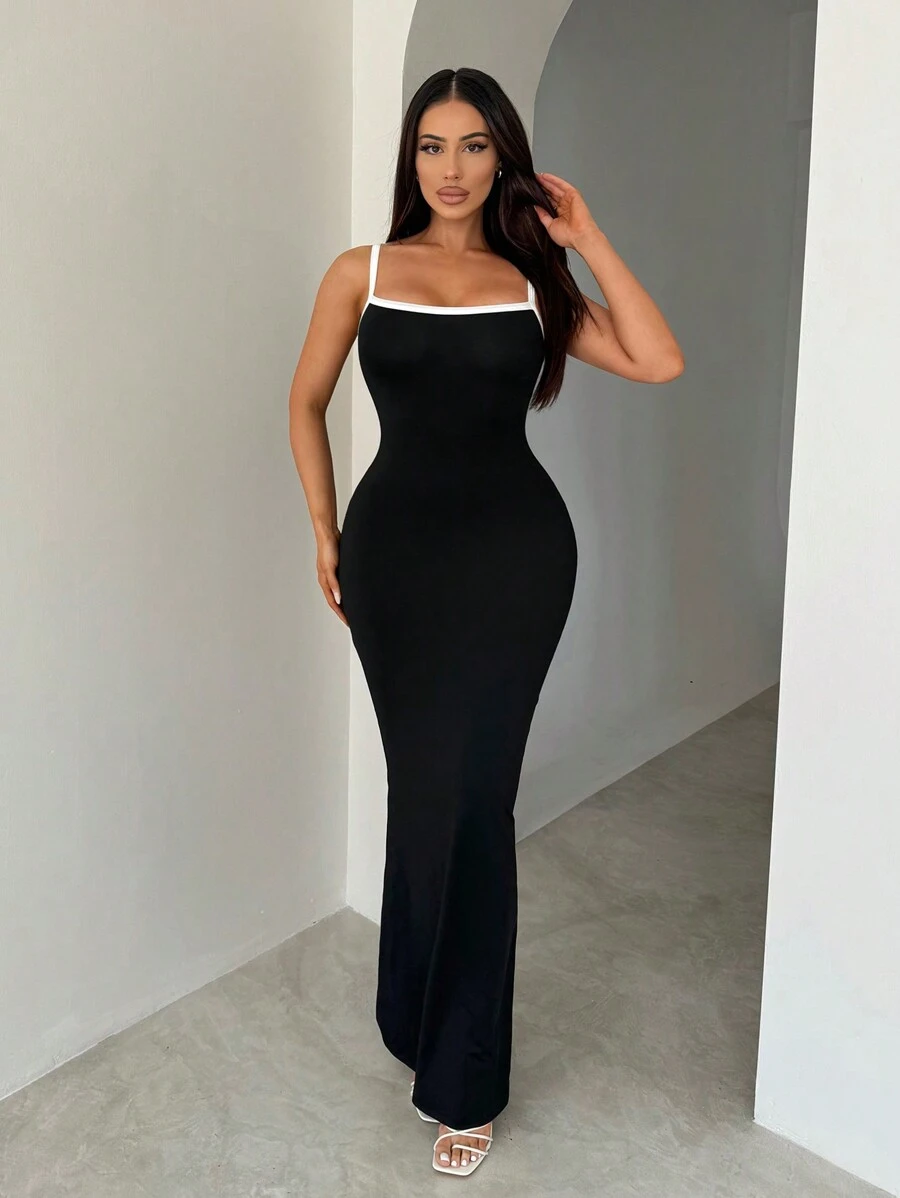 SHEIN SXY Váy đen dệt kim thông thường phù hợp, Váy ba lỗ màu đen và trắng không tay dành cho nữ - Nhiều màu - Xem 1