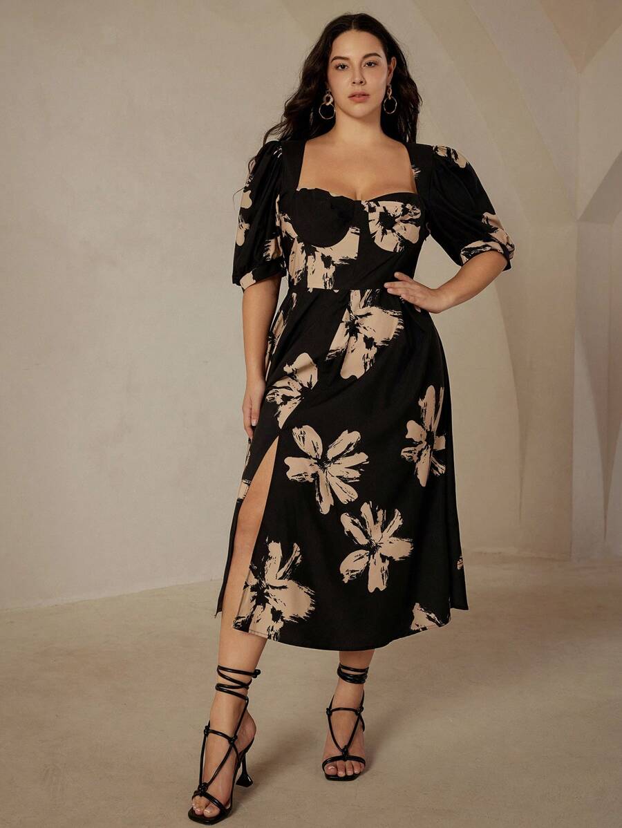 Chiquease Random French Vintage Colliding Color Floral Printed Ruched Bust Cup Square Neck Puff Sleeve Plus Size Dress Vacation Outfits Woman - Multicolor - View 1