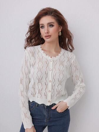 Solid Color Hollow-Out Knitted Cardigan, Summer