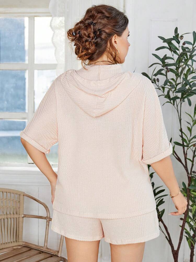 Plus Size Simple Drawstring Hooded Short Sleeve Top And Shorts Set With Single-Breasted Clasp