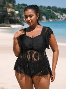 SHEIN Swim Curve Plus Size Jednokolorowy koronkowy falbaniasty top oddziela dwuczęściowy kostium kąpielowy na lato