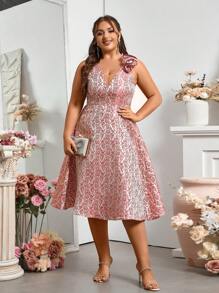 SHEIN Belle 豪華3D花卉優雅大碼晚會禮服，婚禮客人服裝 - 紅色 - 查看 4