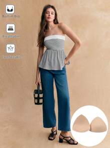 SHEIN Frenchy Excellent Built-In Bra Striped Top, Minimalist Shap And Fashionable Print Ruffle Hem Tube, Summer Vacation Season, Comfy, Boho, Beach Women Outfits, Swimwear Cover Up, Mother's Day Dress, Mom, Fashion, Grad Dress, Elegant Teacher, Leisure, Simple Daily, Cottagecore, White Essential, Holidayleisure Casual