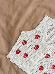 Soleia 秋冬女士度假草莓装饰开襟毛衣背心