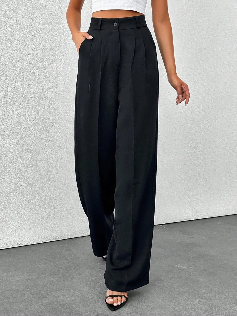 SHEIN Tall Tall Women's Solid Color High Waisted Wide Leg Pants - Black - View 1