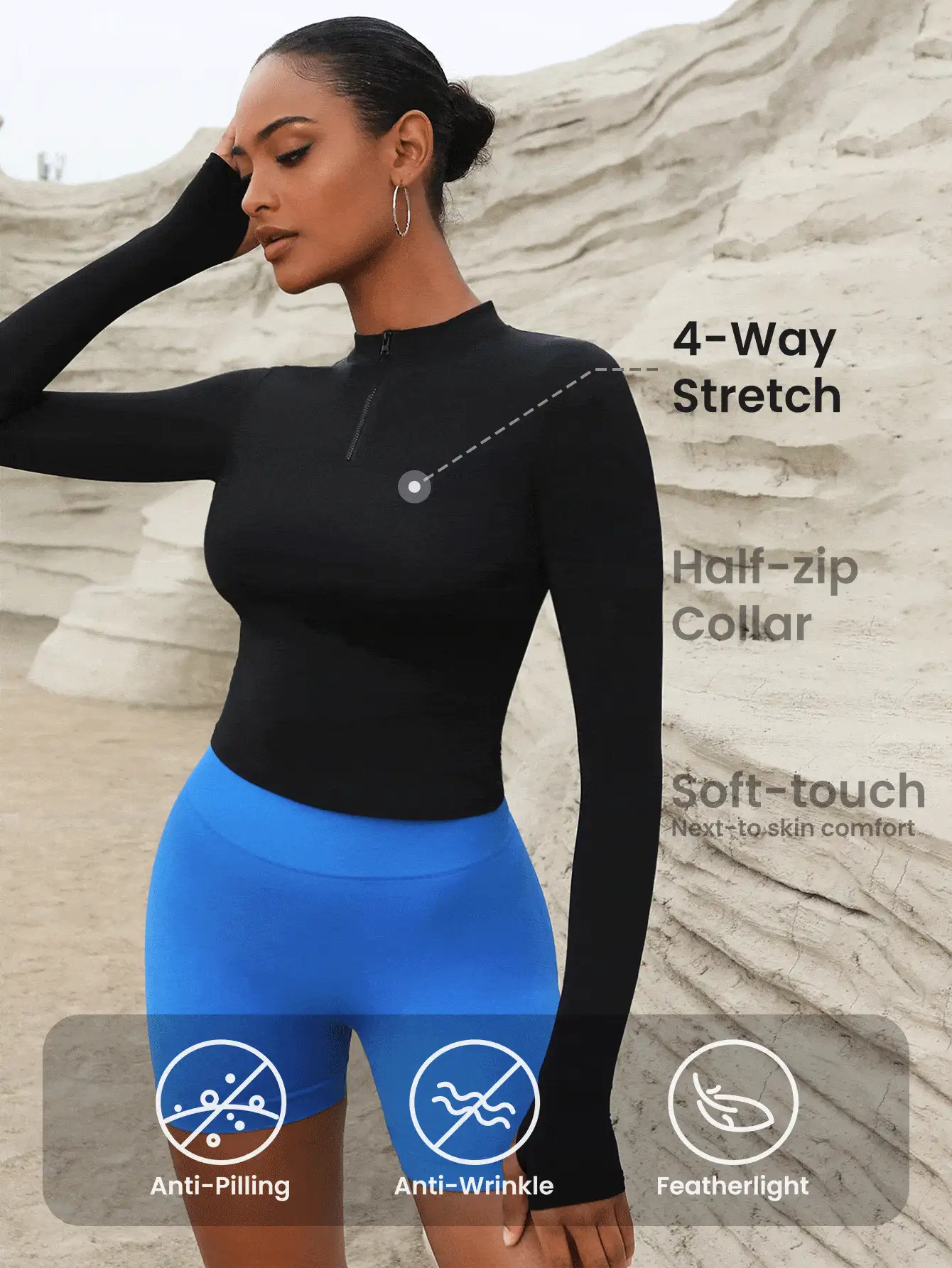 Easithlete 女式優雅性感透氣套頭休閒街頭運動拉鍊修身瑜珈外套 - 黑色 - 查看 2