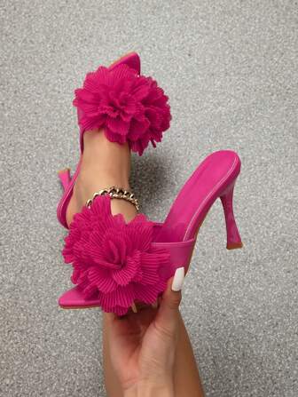 時尚女款高跟熱粉色涼鞋，適合春夏派對，尖頭和細跟，防滑鞋底和花卉點綴