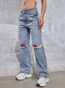 SHEIN PETITE Jeans rasgados de unicolor y sencillos para mujer para uso diario
