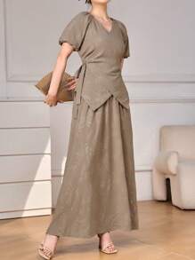 Seusyu Conjunto de 2 piezas de verano elegante y con estilo chino para mujer - Caqui - Ver 4