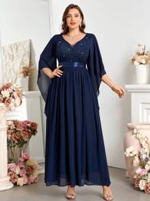Plus Deep V Neck Contrast Sequin Lace Butterfly Sleeve Chiffon Prom Long Dress - Navy Blue - View 2