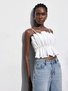 Maija Blusa corta de mujer con cintura plisada y ceñida, diseño elegante y minimalista apta para graduaciones, volver al colegio o fiestas, primavera-verano-inicio de otoño 2025