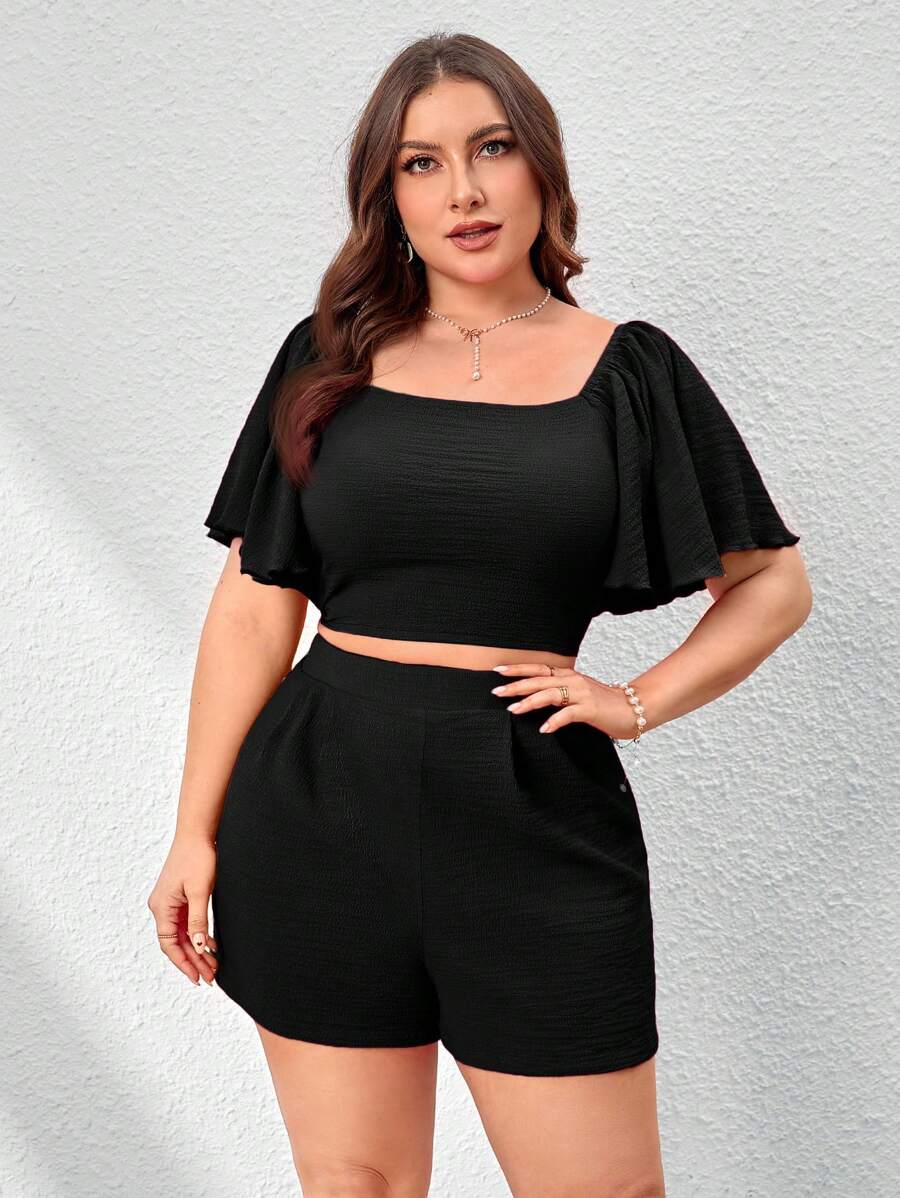 SHEIN Privé Summer Elegant And Simple Pink Ruffled Cap Sleeve Top With Cinched Waist + Textured Shorts Set For Shopping Or Travel - Black - View 1