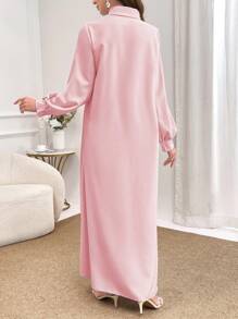 Al Najma Women's Elegant And Exaggerated 3D Floral Decor Front Button Long Sleeve Long Shirt Modest Dress, Spring/Summer - Pink - View 2