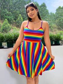 SHEIN EZwear 女式加大码夏季彩虹条纹图案 A 字形针织弹力吊带连衣裙 - 彩色 - 查看 3