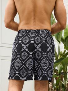 Surfspeed Men's Geometric Printed Drawstring Waist Beach Shorts For Vacation - Black - View 2