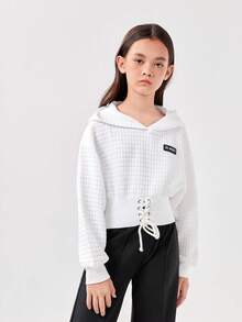 SHEIN Áo nỉ nữ tuổi teen, phối chữ, kiểu dáng vai rớt, thắt dây phía trước, có chi tiết vá chữ. - trắng - Xem 2