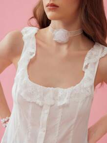 Enchnt 女性夏季優雅純色蕾絲飾前開鈕扣背心上衣