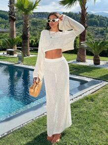 Ensemble deux pièces en tricot ajouré pour femme, couvrir pour l'été et les vacances à la plage