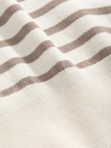 Dazy Plus Plus Size Casual Striped Knit Short Sleeve Top With Patchwork Collar, For Summer,Back To School Clothes - Khaki - View 6