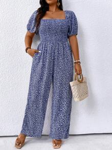 Breezaya Fashionable Plus Size Women's Boho Square Neck Floral Jumpsuit With Wide-Leg Design, For Summer