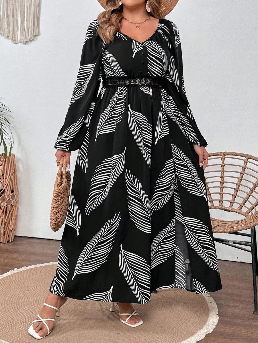 SHEIN VCAY Plus Size Holiday Casual Printed Lace Patchwork Long Sleeve Black Dress - Black and White - View 1