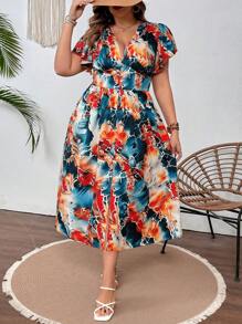 SHEIN VCAY 大尺寸假期浪漫印花V領束線前開衩連衣裙 - 彩色 - 查看 3