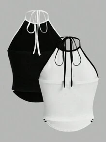 SHEIN ICON Plus 2pcs Contrasting Binding Striped Side Tie Halter Y2k Top (Pack Of 2), For Summer
