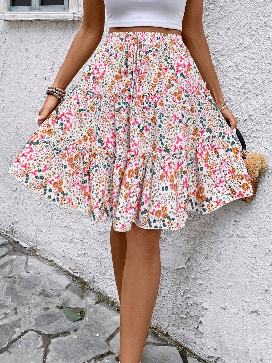 Breezaya Ditsy Floral Ruffle Hem Skirt Maxi Vacation Beach Outfits Women | ChicGrl