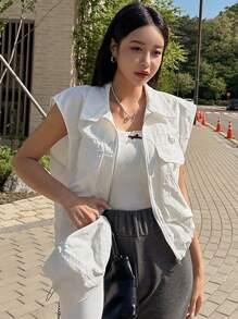 DAZY Áo khoác vest nhiều túi đơn giản, màu trơn, mặc hàng ngày dành cho nữ - trắng - Xem 4