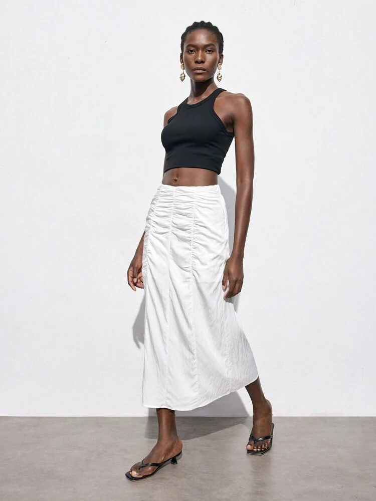 SHEIN Maija Ruched Solid Color Textured Skirt, Summer