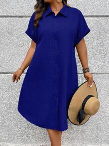 Linhara CURVE Đầm Maxi Tay Ngắn Cổ Gập Cài Nút Phía Trước Màu Trơn Size Lớn Mùa Hè Cho Nữ - Xanh đậm - Xem 5