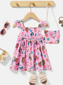 We Bare Bears X SHEIN Baby Girl Cap Sleeve Dress With Attached Bag - Pink - View 2