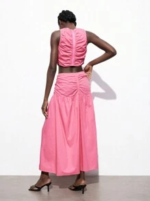 Maija 2pcs Outdoor Set For Women: Watermelon Pink Ruffle Trim Top + Pleated Skirt
