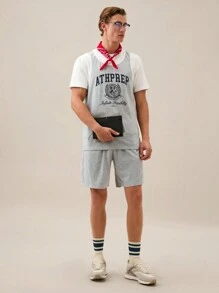 Manfinity NXTstreet Conjunto de camiseta de tirantes suelta con estampado en inglés para hombre, adecuado para el verano ligeramente fresco, vuelta al colegio - Gris - Ver 6