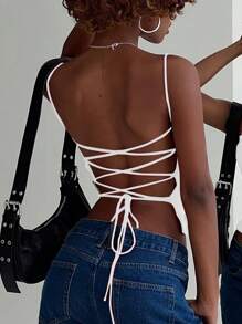 INAWLY Camiseta corta y ajustada de verano para mujer con sexy diseño cruzado de venda y espalda descubierta