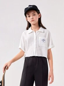 SHEIN Cô gái Tween Lỏng lẻo Thư được vá Mùa vụ Áo sơ mi - trắng - Xem 3