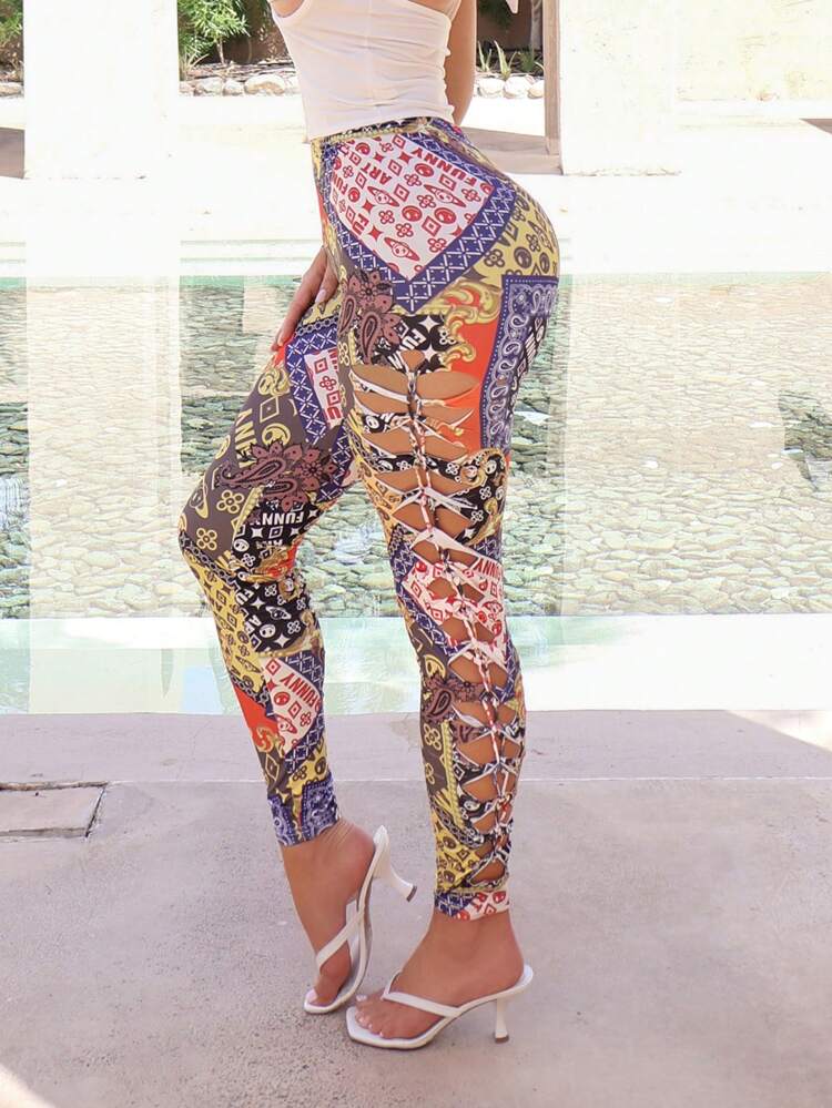 Bohemian Paisley Print Vacation Sexy Burnout Hollow Out Long Tight Underwear For Women, Perfect For Summer Vacation