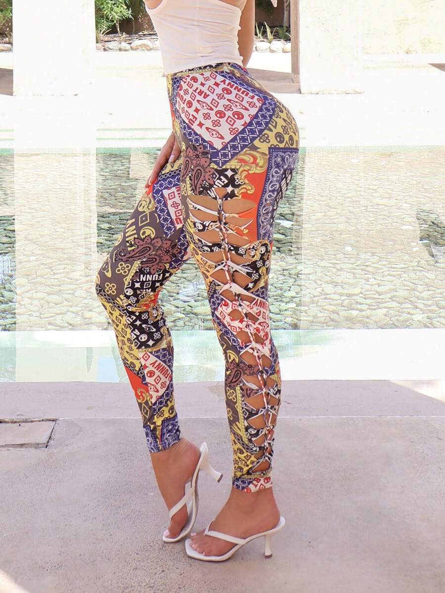 SHEIN SXY Bohemian Paisley Print Vacation Sexy Burnout Hollow Out Long Tight Underwear For Women, Perfect For Summer Vacation