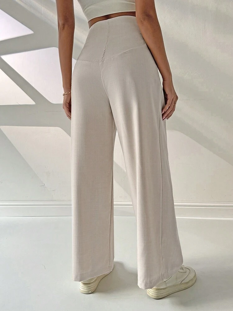 High Waist Plicated Detail Straight Leg Pants