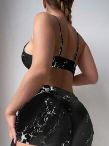 Swim SXY 女士夏季海滩扎染圆形连环性感比基尼套装带罩衫裙 3 件套（随机印花） - 黑色 - 查看 7