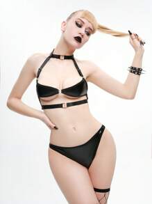 SHEIN 女士哥特时尚深色束缚风格性感内衣套装 - 黑色 - 查看 1