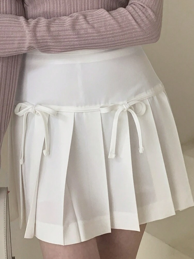 Women's Solid Color Pleated Bowknot Belted Mini Skirt Fall Skirts