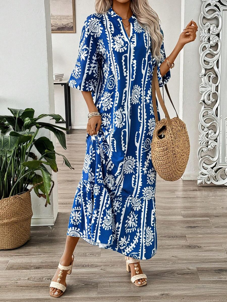 Chiquease Váy suông tay áo cổ chữ V in hoa theo phong cách Bohemian - Nhiều màu - Xem 1