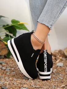 Women Wearing Black Sports Shoes, Outdoor Fashion Shoes With Thickened Soles, Small Sloping Heel Casual Women's Shoes, Loafers, Elastic Band Design Women's Sports Shoes, Outdoor Vacation Women's Sports Shoes