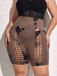 SHEIN SXY Plus Size Seamless Knit Ripped Tie Dye Leggings - Multicolor - View 5